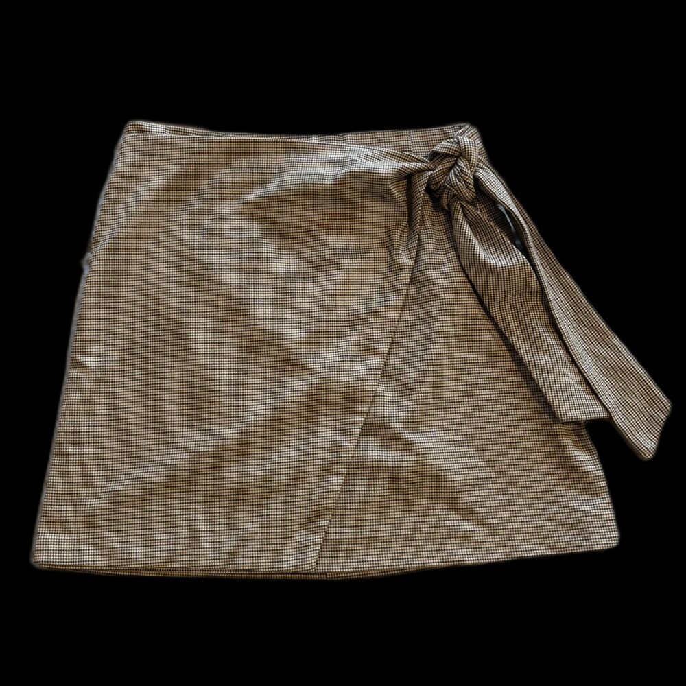 Rachel Zoe Brown Black Tan Houndstooth Wrap Skirt Front Tie Office Skirt Size 6